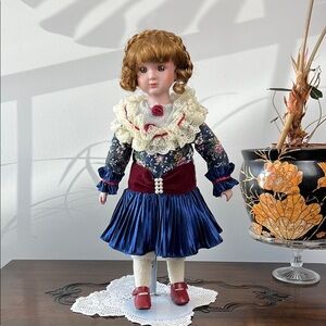 Vintage Anco 1993 Porcelain Doll Blue Dress Red Shoes